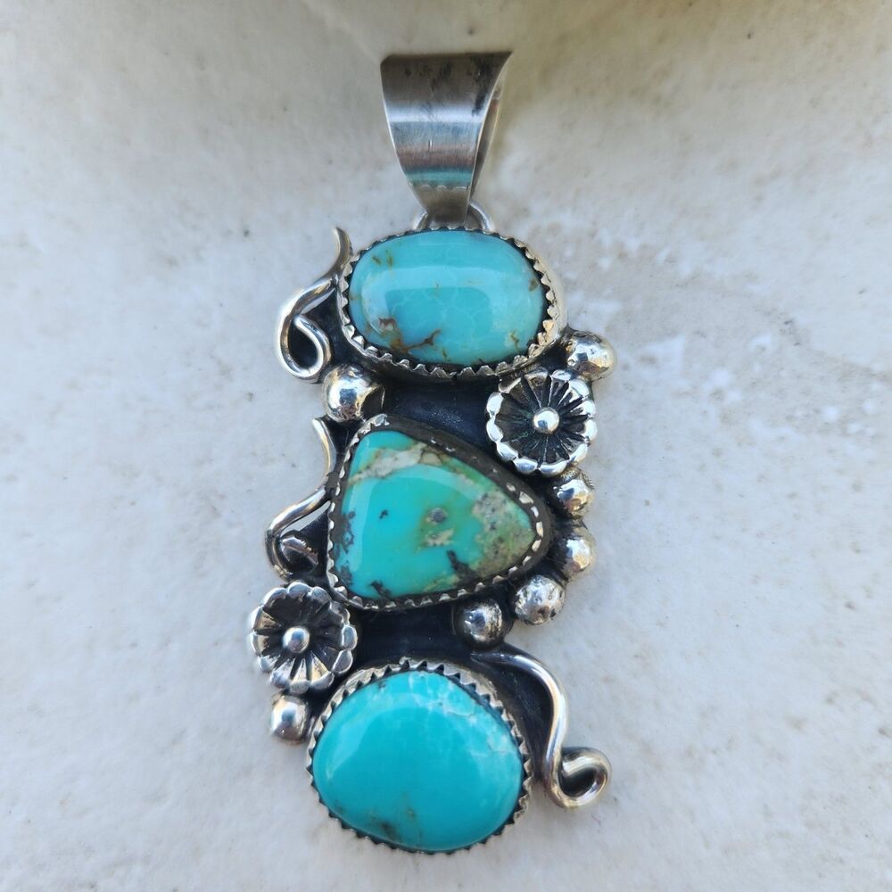 Isabelle Kee Navajo Triple Turquoise Native Handmade Pendant Sterling Signed